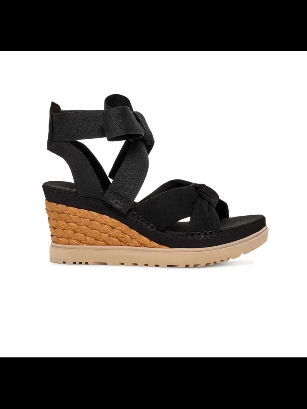 UGG Black Strappy Wedge Sandal with Braided Tan Espadrille